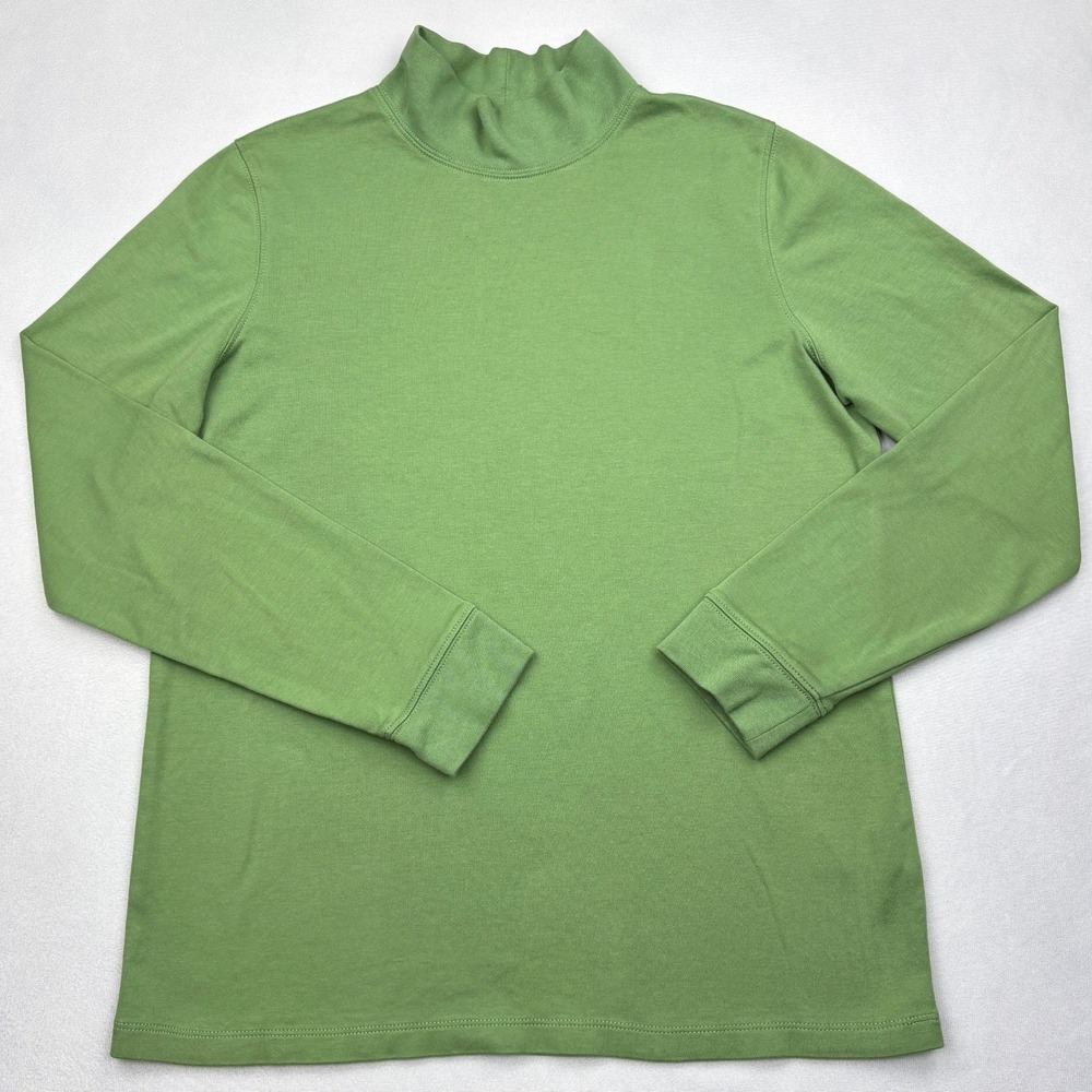 LL Bean Womens Medium Green Mockneck Shirt Cotton Interlock Long Sleeve 188453